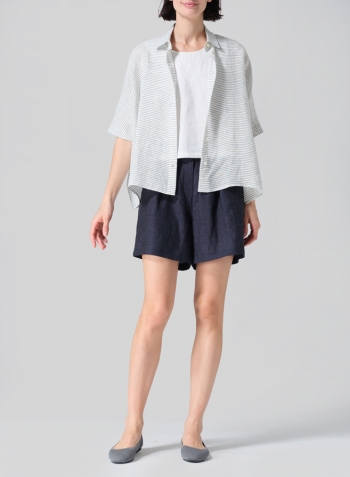 Blue White Weave Linen Boxy Sleeves Shirt Set