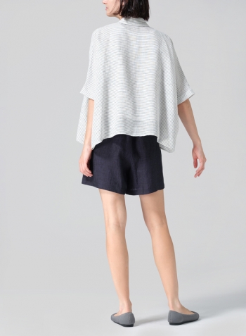 Blue White Weave Linen Boxy Sleeves Shirt Set