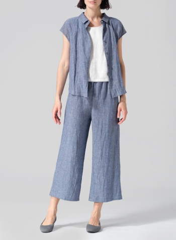 Denim Blue Linen Collared Neckline Cap Sleeves Top Set