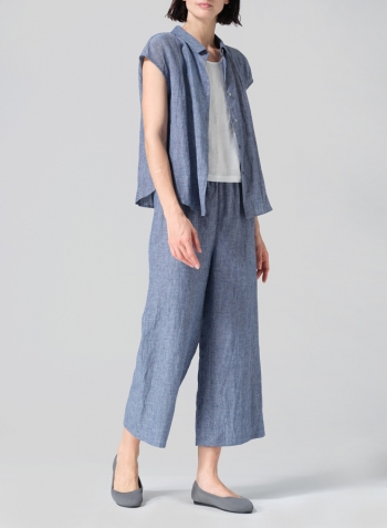 Denim Blue Linen Collared Neckline Cap Sleeves Top Set