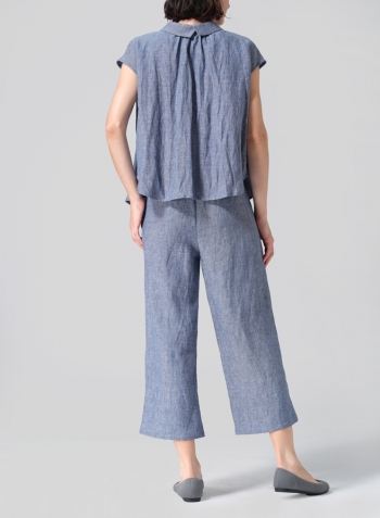 Denim Blue Linen Collared Neckline Cap Sleeves Top Set