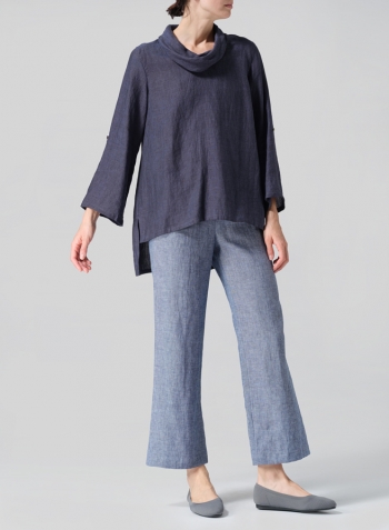 Dark Denim Linen Cowl Neck Rolled Sleeve Loose Top Set