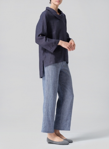 Dark Denim Linen Cowl Neck Rolled Sleeve Loose Top Set