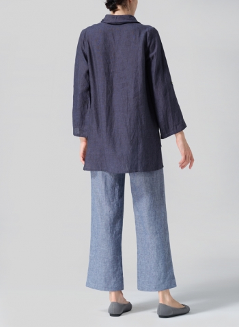 Dark Denim Linen Cowl Neck Rolled Sleeve Loose Top Set