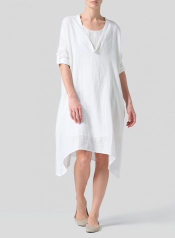 White Woven Linen Roll Sleeve Deep V-neck Tunic