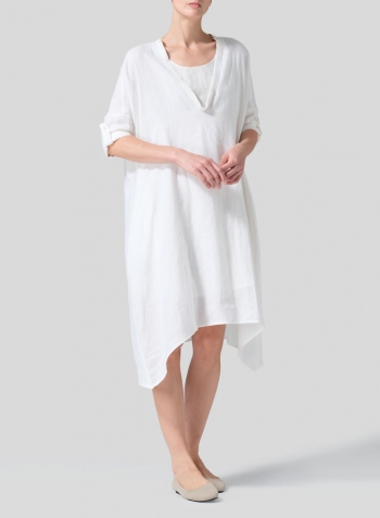 White Woven Linen Roll Sleeve Deep V-neck Tunic