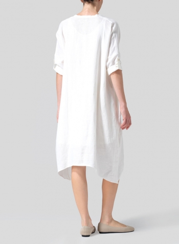 White Woven Linen Roll Sleeve Deep V-neck Tunic