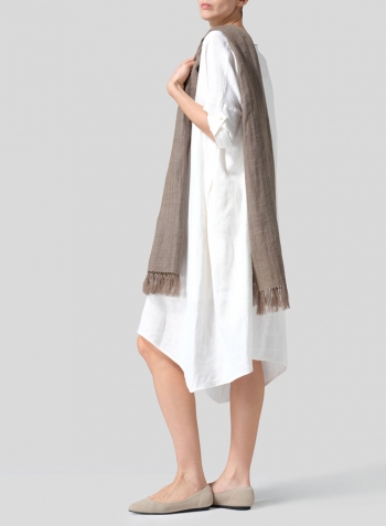 White Woven Linen Roll Sleeve Deep V-neck Tunic Set