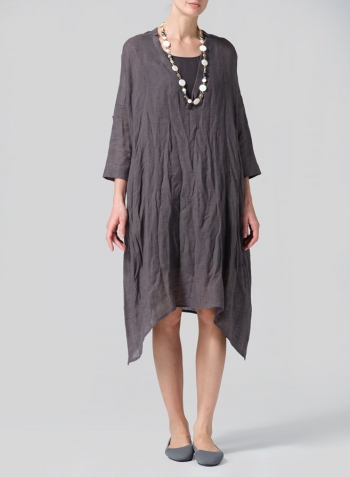 Dark Charcoal Woven Linen Roll Sleeve Deep V-neck Tunic Set