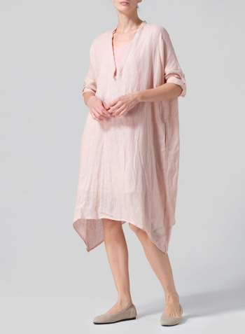 Madeira Pink Woven Linen Roll Sleeve Deep V-neck Tunic