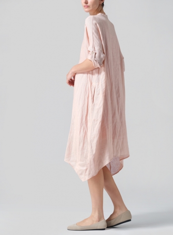 Madeira Pink Woven Linen Roll Sleeve Deep V-neck Tunic