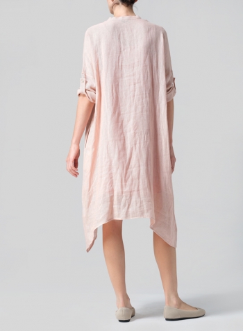Madeira Pink Woven Linen Roll Sleeve Deep V-neck Tunic