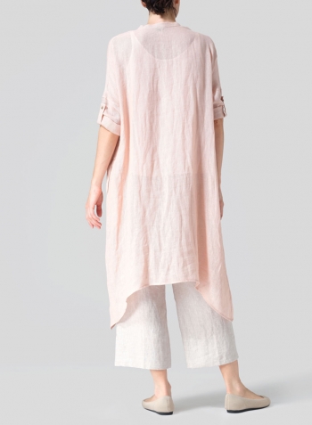 Madeira Pink Woven Linen Roll Sleeve Deep V-neck Tunic Set