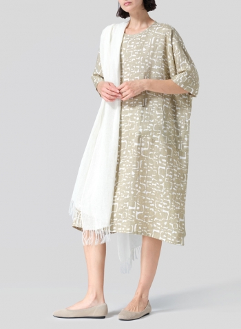 Khaki Print Linen Oversized Dolman Sleeve Dress Set