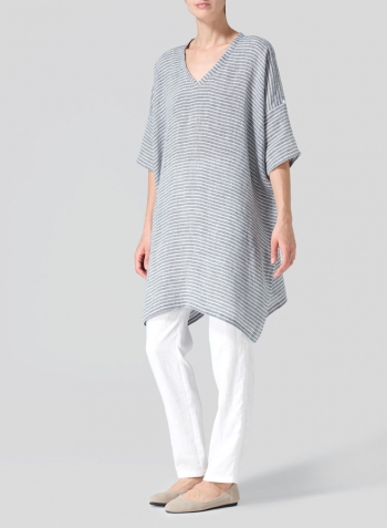 Blue White Weave Linen Wide A-line Tunic