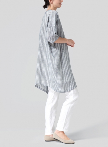 Blue White Weave Linen Wide A-line Tunic