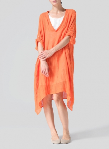 Orange Woven Linen Roll Sleeve Deep V-neck Tunic