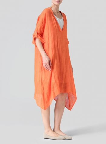 Orange Woven Linen Roll Sleeve Deep V-neck Tunic