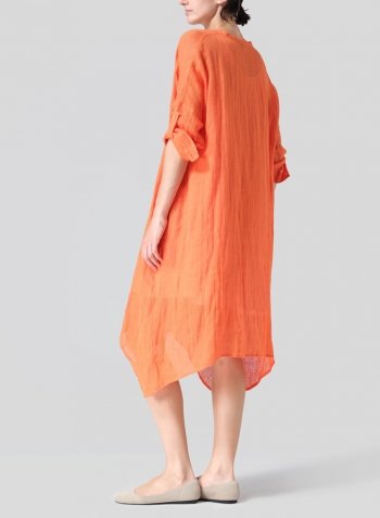Orange Woven Linen Roll Sleeve Deep V-neck Tunic