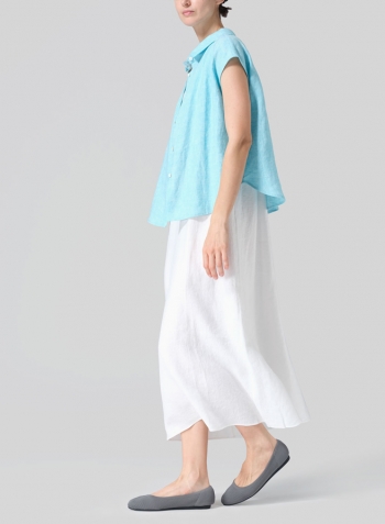 Aqua Blue Linen Collared Neckline Cap Sleeves Top Set