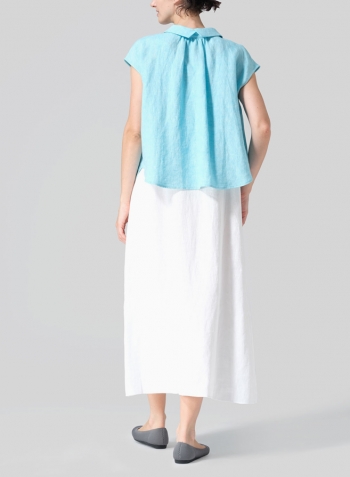 Aqua Blue Linen Collared Neckline Cap Sleeves Top Set