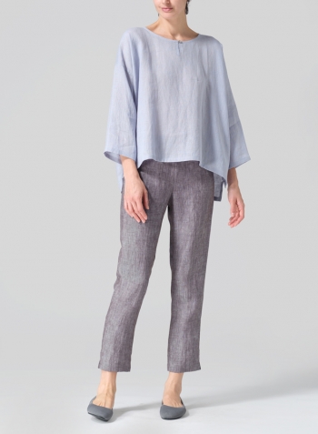 Light Pale Blue Linen Wide Round Neck Dropped Shoulder Top