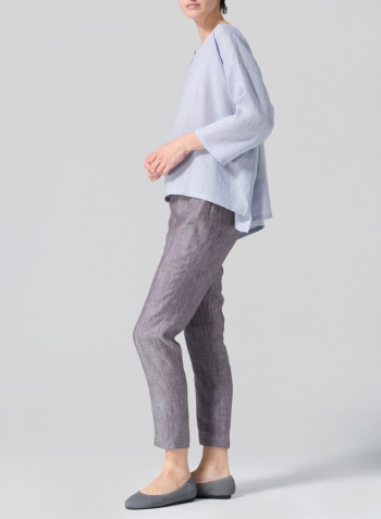 Light Pale Blue Linen Wide Round Neck Dropped Shoulder Top