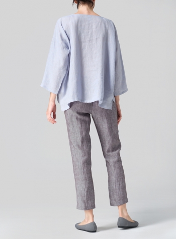 Light Pale Blue Linen Wide Round Neck Dropped Shoulder Top