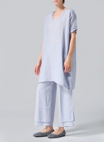 Light Pale Blue Linen Wide A-line Tunic Set