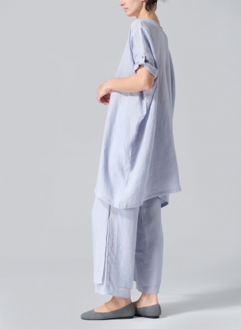 Light Pale Blue Linen Wide A-line Tunic Set