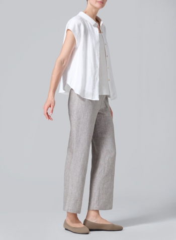 White Linen Collared Neckline Cap Sleeves Top