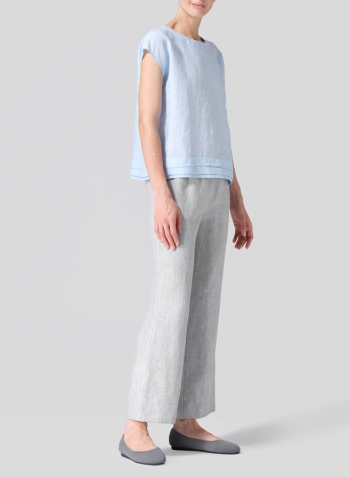 Powder Blue Linen Boxy Cap Sleeves Cropped Top