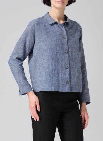 Denim Blue Linen Cropped Shirt Jacket with Pockets