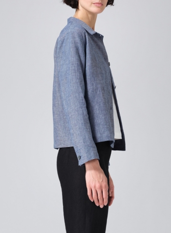 Denim Blue Linen Cropped Shirt Jacket with Pockets