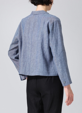 Denim Blue Linen Cropped Shirt Jacket with Pockets