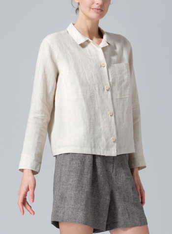 Oat Linen Cropped Shirt Jacket with Pockets