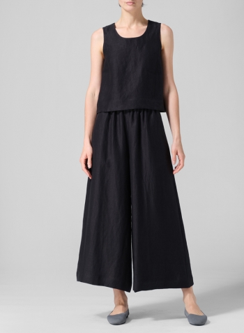 Twill Black Linen Sleeveless Vest Top Set