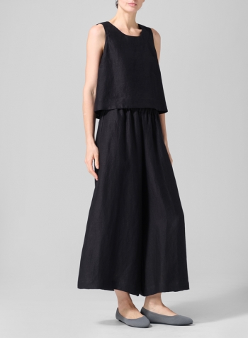 Twill Black Linen Sleeveless Vest Top Set