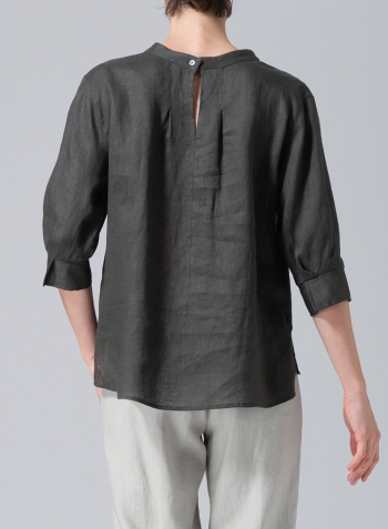 Dark Green Linen Back Keyhole Blouse
