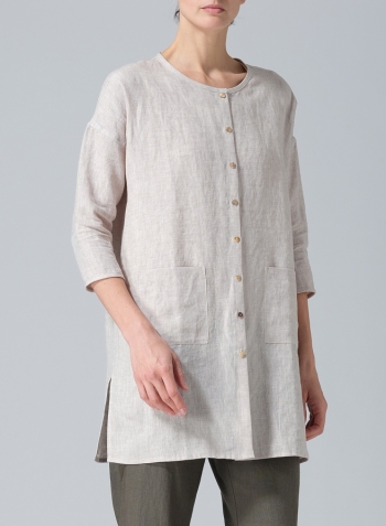 Oat Linen Round Neck Button Front Top