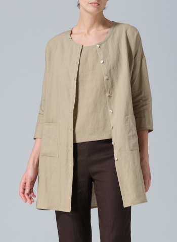Khaki Sand Linen Round Neck Button Front Top