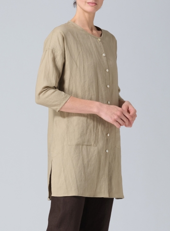 Khaki Sand Linen Round Neck Button Front Top