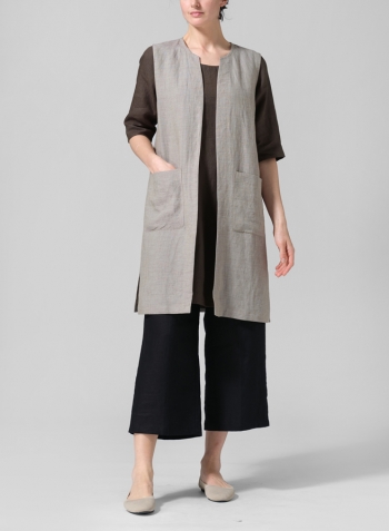 Dark Olive Brown Linen A-shape Casual Top Set