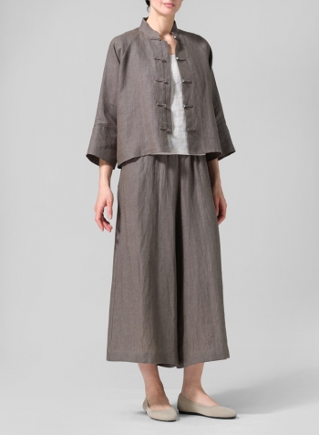 Dark Khaki Green Pure Linen Suit Jacket Set