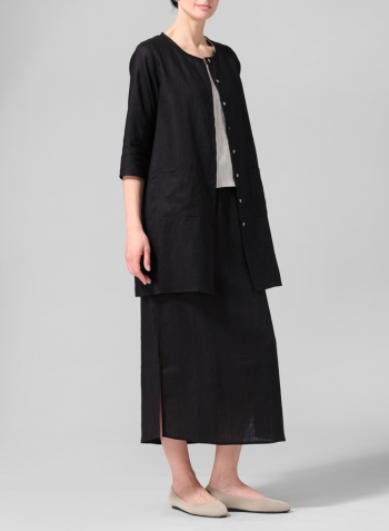 Black Linen Three-quarter Sleeve Button Front Top Set