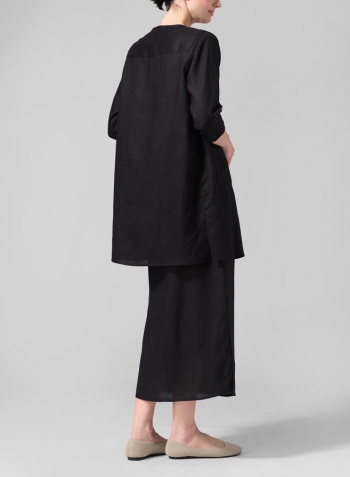 Black Linen Three-quarter Sleeve Button Front Top Set
