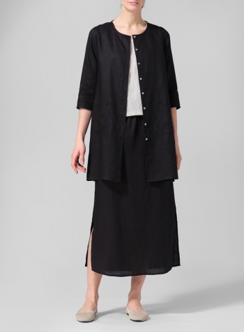Black Linen Three-quarter Sleeve Button Front Top Set