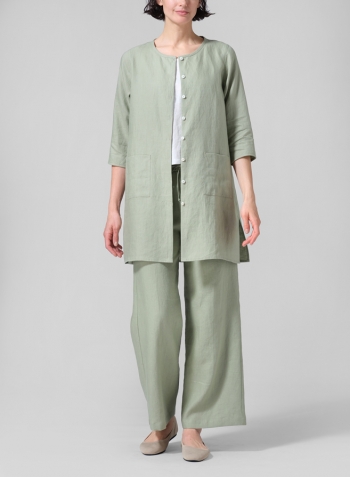 Moss Green Linen Three-quarter Sleeve Button Front Top Set