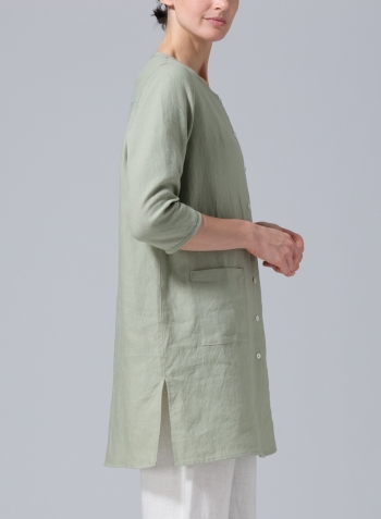 Moss Green Linen Three-quarter Sleeve Button Front Top
