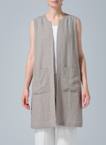 Two Tone Gray Green Linen Open Front Straight Long Vest Jacket